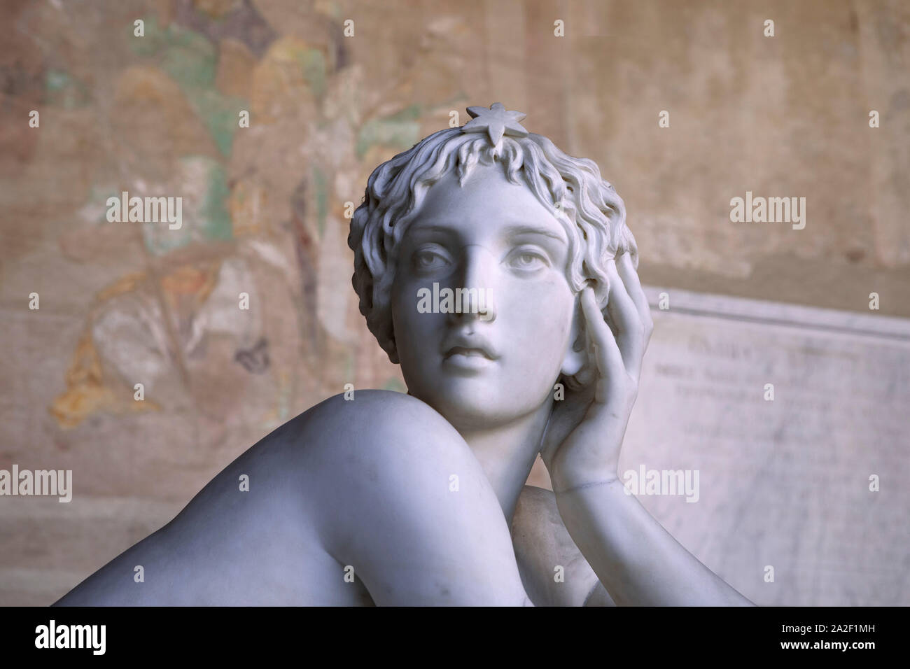 Medieval statue. Face of young Beautiful Woman Sculpture. Marble woman face. Pisa Italy Stock