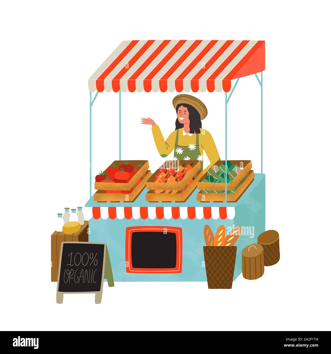Farmers market stall with happy farmer woman worker selling organic vegetables and food. Modern flat cartoon illustration on isolated background Stock Vector Image & Art - Alamy Farmers market stall with happy farmer woman worker selling organic vegetables and food. Modern flat cartoon illustration on isolated background Stock Vector Image & Art - Alamy