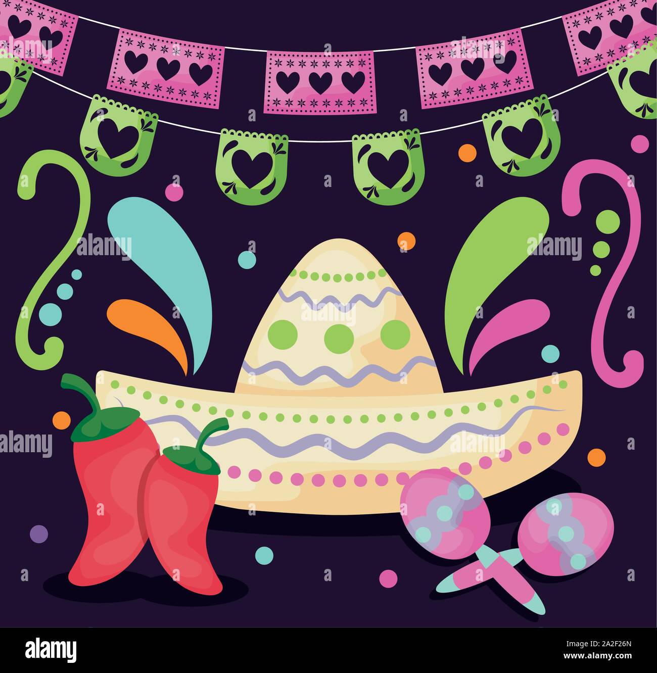 mexican hat with maracas, mexican food vector illustration design Stock