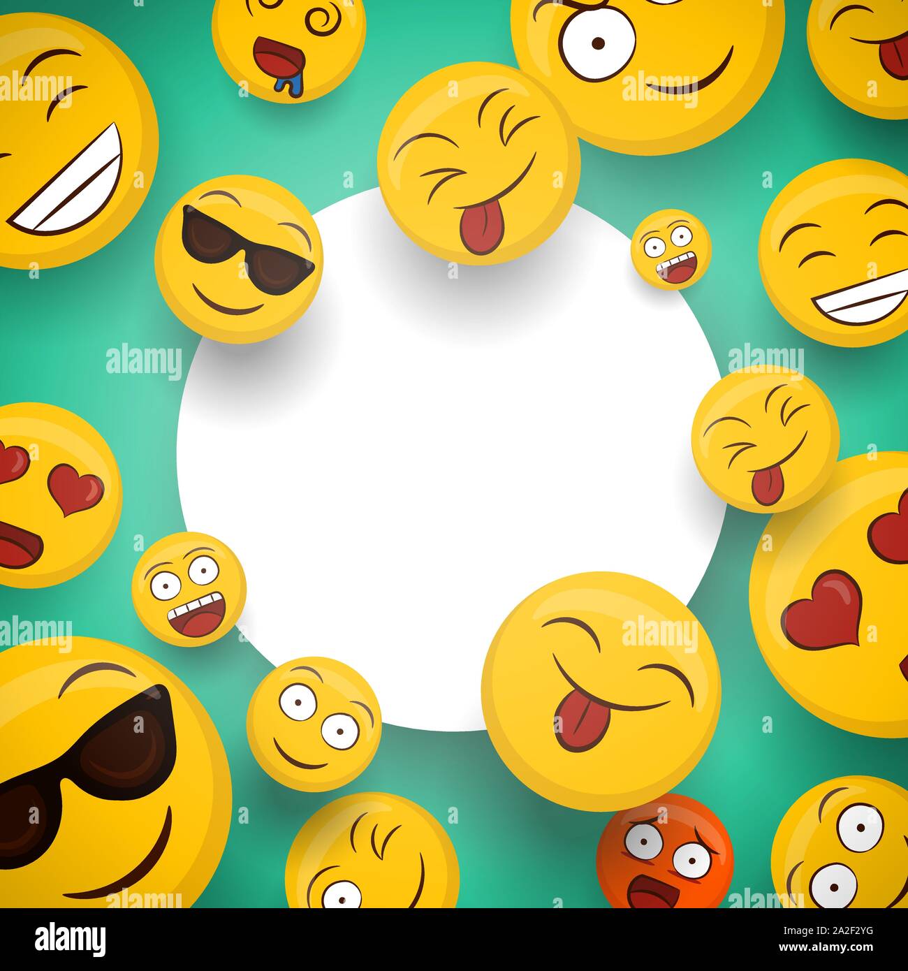 Social yellow emoticon icons on isolated white copy space template. Fun smiley face cartoons includes happy, cute and funny emotions. Stock Vector