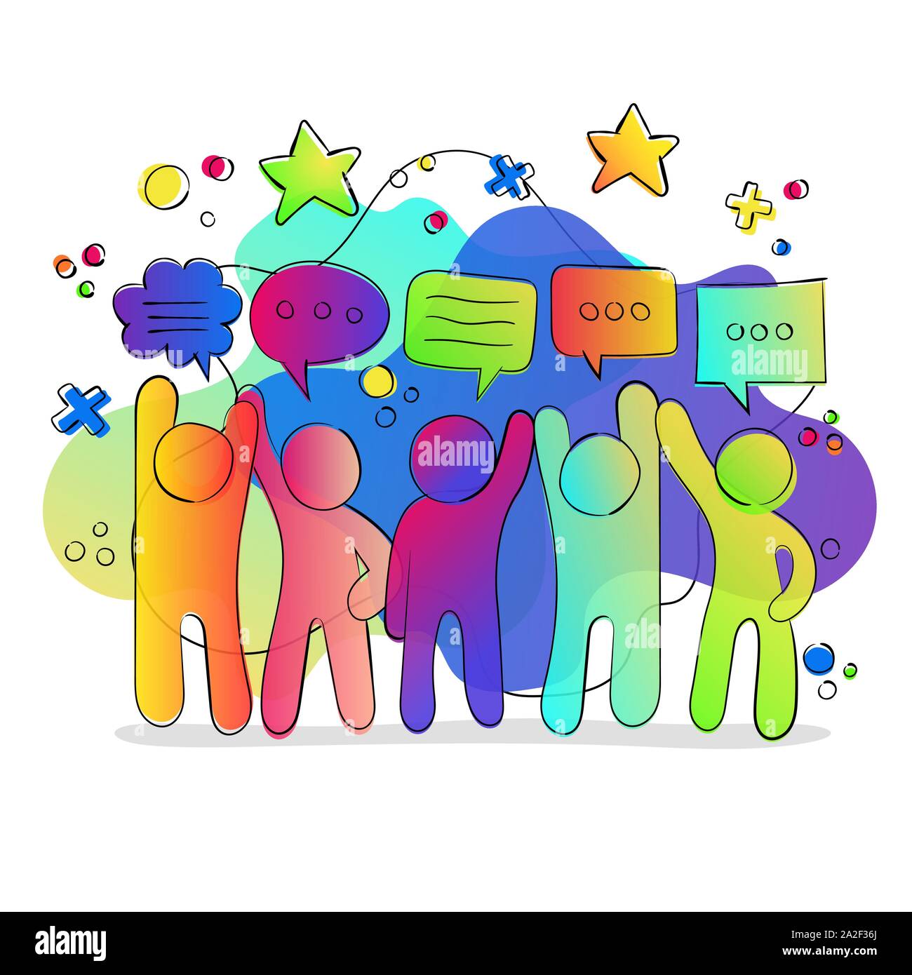 Social communication concept of colorful gradient friend group with online network icons and chat bubbles. Stock Vector
