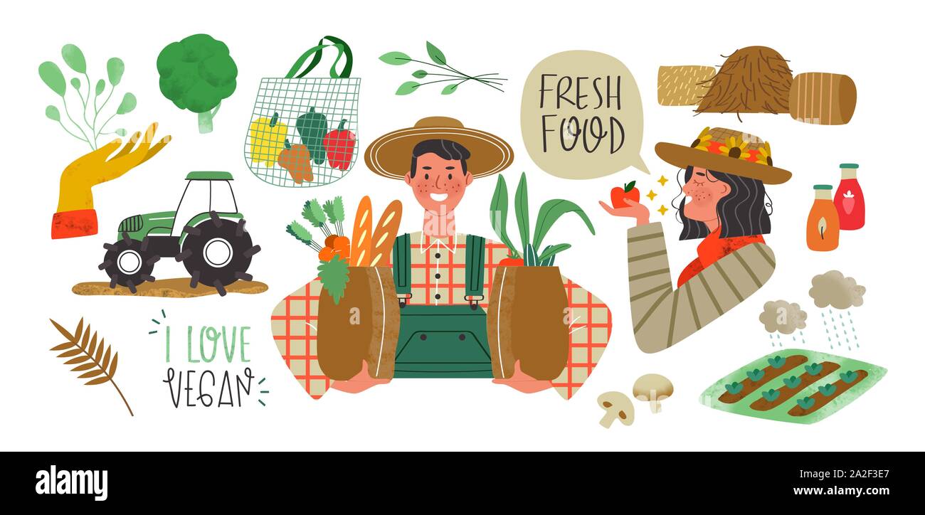 Farmer production set of agriculture worker people, vegetables and farm  elements in modern flat cartoon style. Local farmers market collection  concept Stock Vector Image & Art - Alamy
