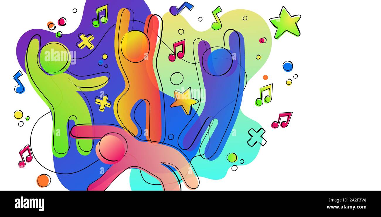 Friendship concept of happy friends in party together with colorful social media icons and music notes. Stock Vector