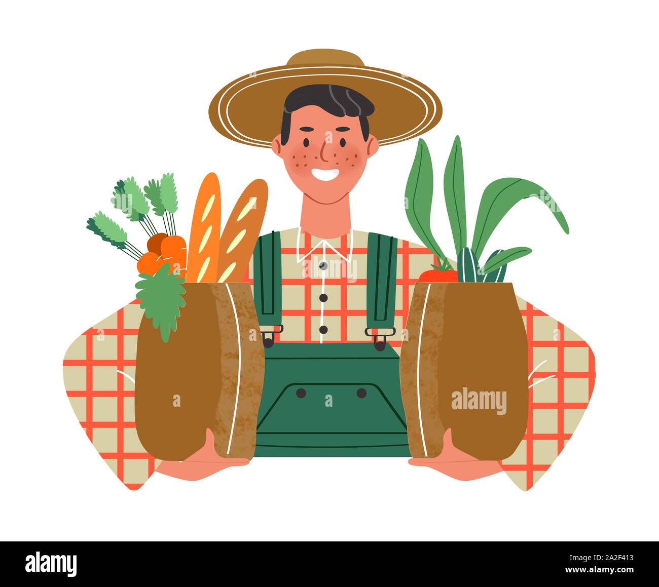 Happy farmer worker man holding grocery paper bags on isolated white background. Eco friendly concept for food delivery service or environment campaig Stock Vector