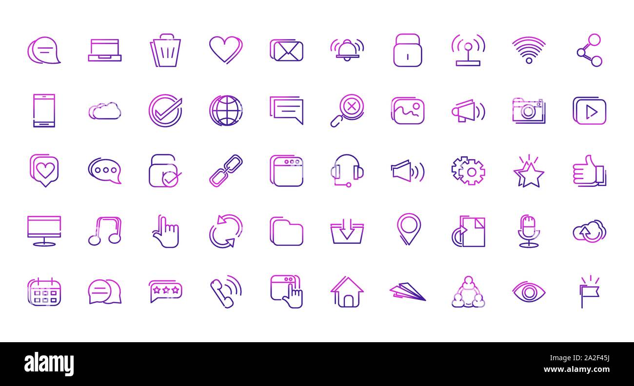 set of network social media icons line gradient vector illustration ...