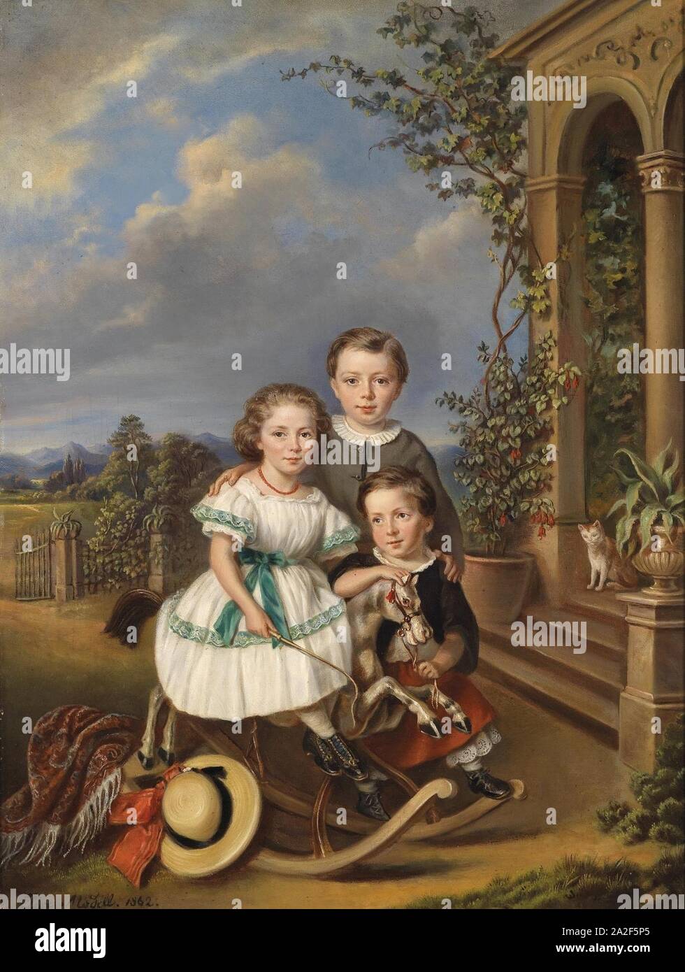 Elisabeth Modell Porträts dreier Kinder vor einem Gartenpavillon. Stock Photo
