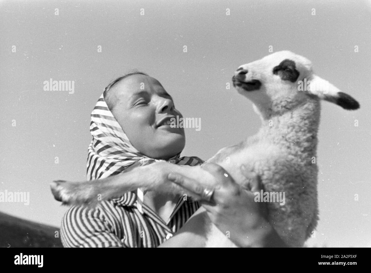 Eine junge Frau mit einem gescheckten Zicklein, St. Märgen im Südschwarzwald, Deutschland 1930er Jahre. A young woman holding a spotted goat kid, St. Märgen in the Southern Black Forest, Germany 1930s. Stock Photo