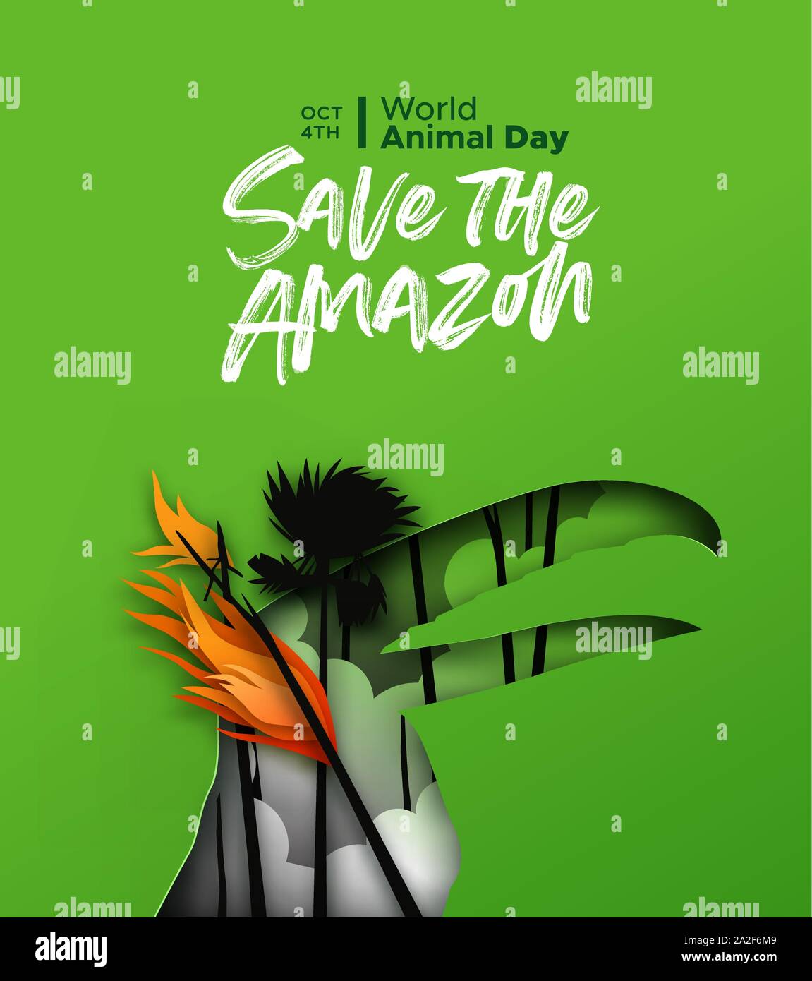 Save the amazon papercut illustration for world animal day. Paper cut toucan bird with forest fire landscape in 3d cutout style. Endangered species co Stock Vector