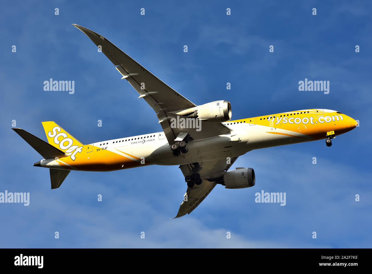 Boeing 787-9 Dreamliner 9V-OJF of Scoot Airlines, on approach to Perth Airport, Western Australia Stock Photo