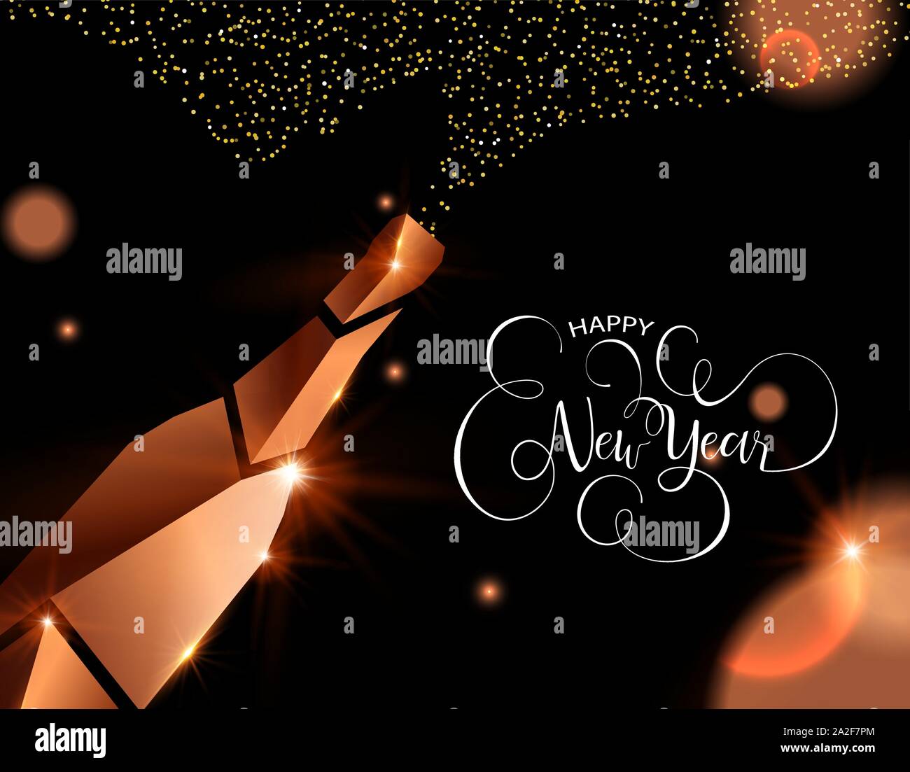 New Year luxury copper greeting card illustration, champagne bottle ...