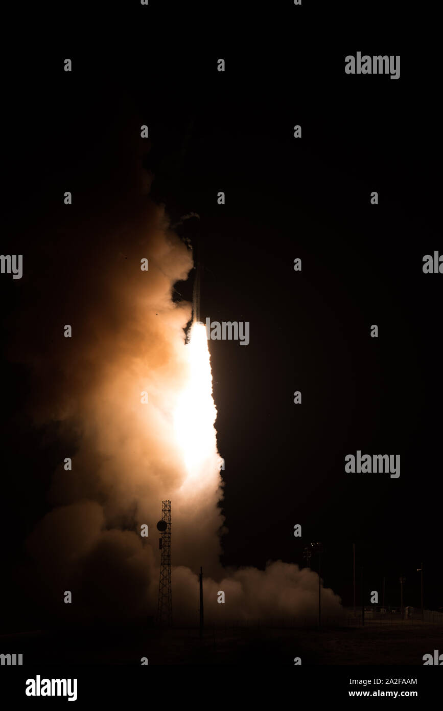 An unarmed Minuteman III intercontinental ballistic missile launches during an operational test at 1:13 a.m. Pacific Time Oct. 2, 2019, at Vandenberg Air Force Base, Calif. (U.S. Air Force photo by Michael Peterson) Stock Photo