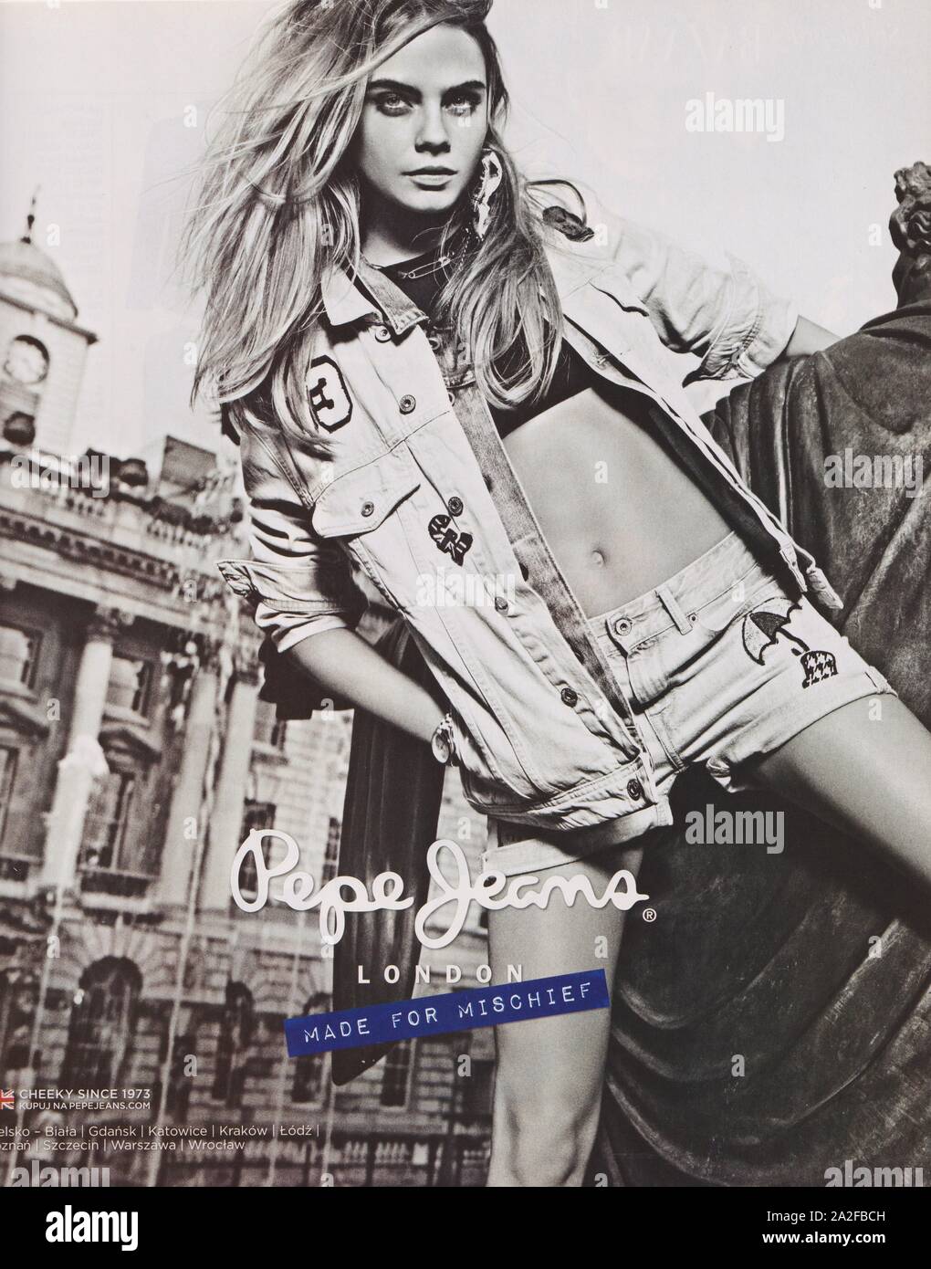 poster advertising Pepe Jeans denim, casual wear jeans brand with Cara  Delevingne, magazine from 2015, advertisement, creative Pepe Jeans 2010s  advert Stock Photo - Alamy