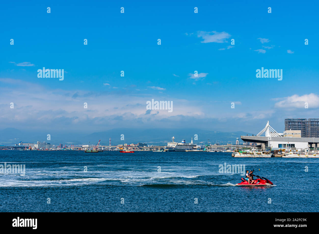 Hakodate Port in summer sunny day white clouds and bule sky. One of the main ports in northern Japan Stock Photo