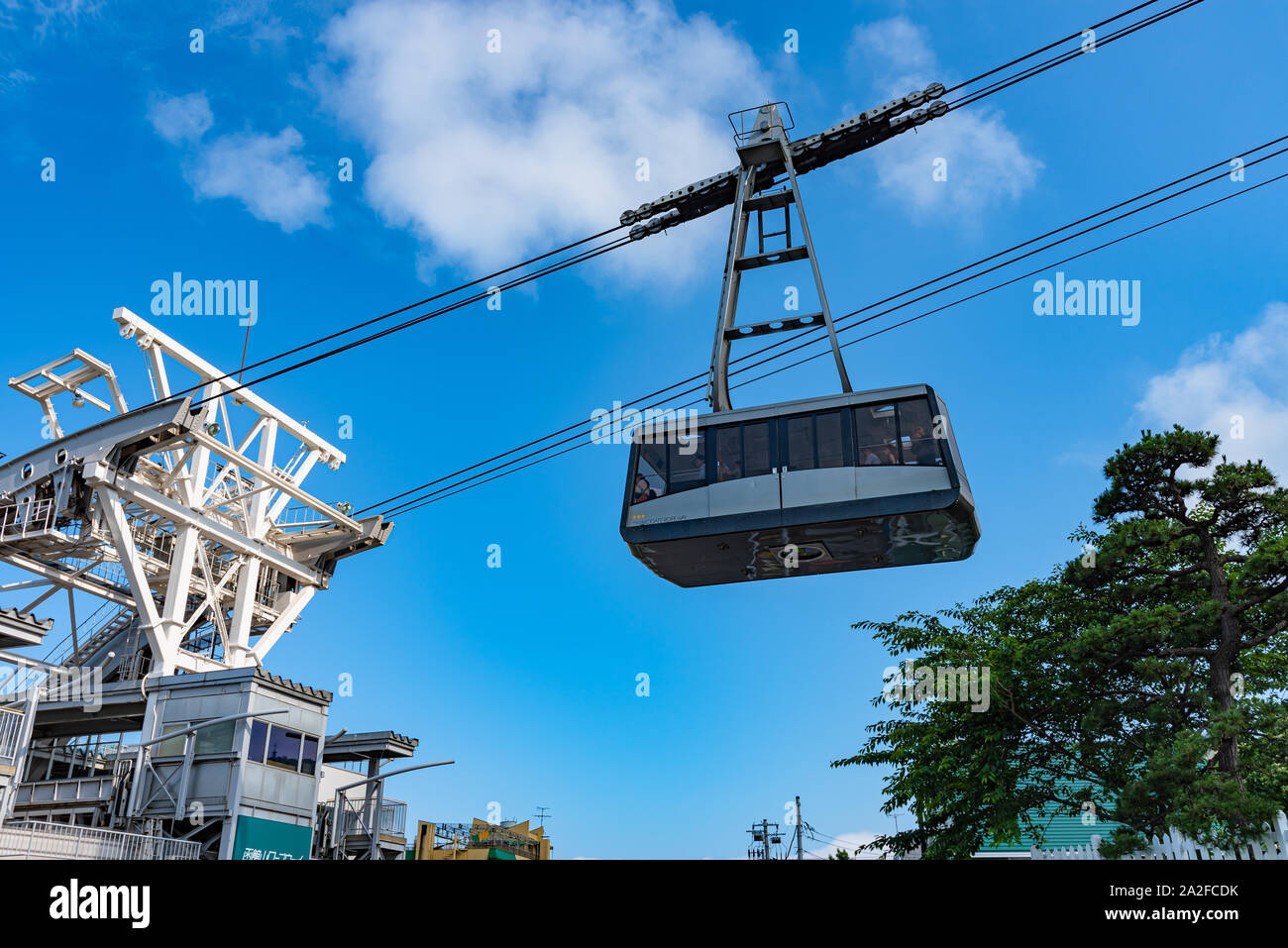 Mt. Hakodate Ropeway station in summer sunny day white clouds and bule sky. Popular Sightseeing Spot in Hakodate City Stock Photo