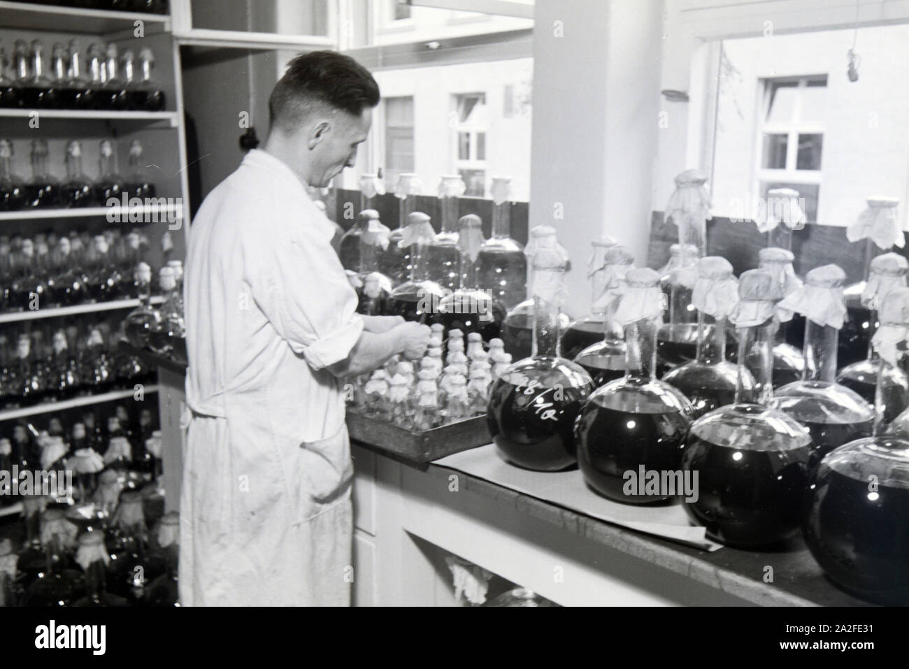 Ein Laborant beschriftet abgefüllte Medikamentenproben in einem Labor der Behringwerke, Marburg, Deutschland 1930er Jahre. A lab assistant is labeling bottled medicine samples in a lab of the Behringwerke, Marburg, Germany 1930s. Stock Photo