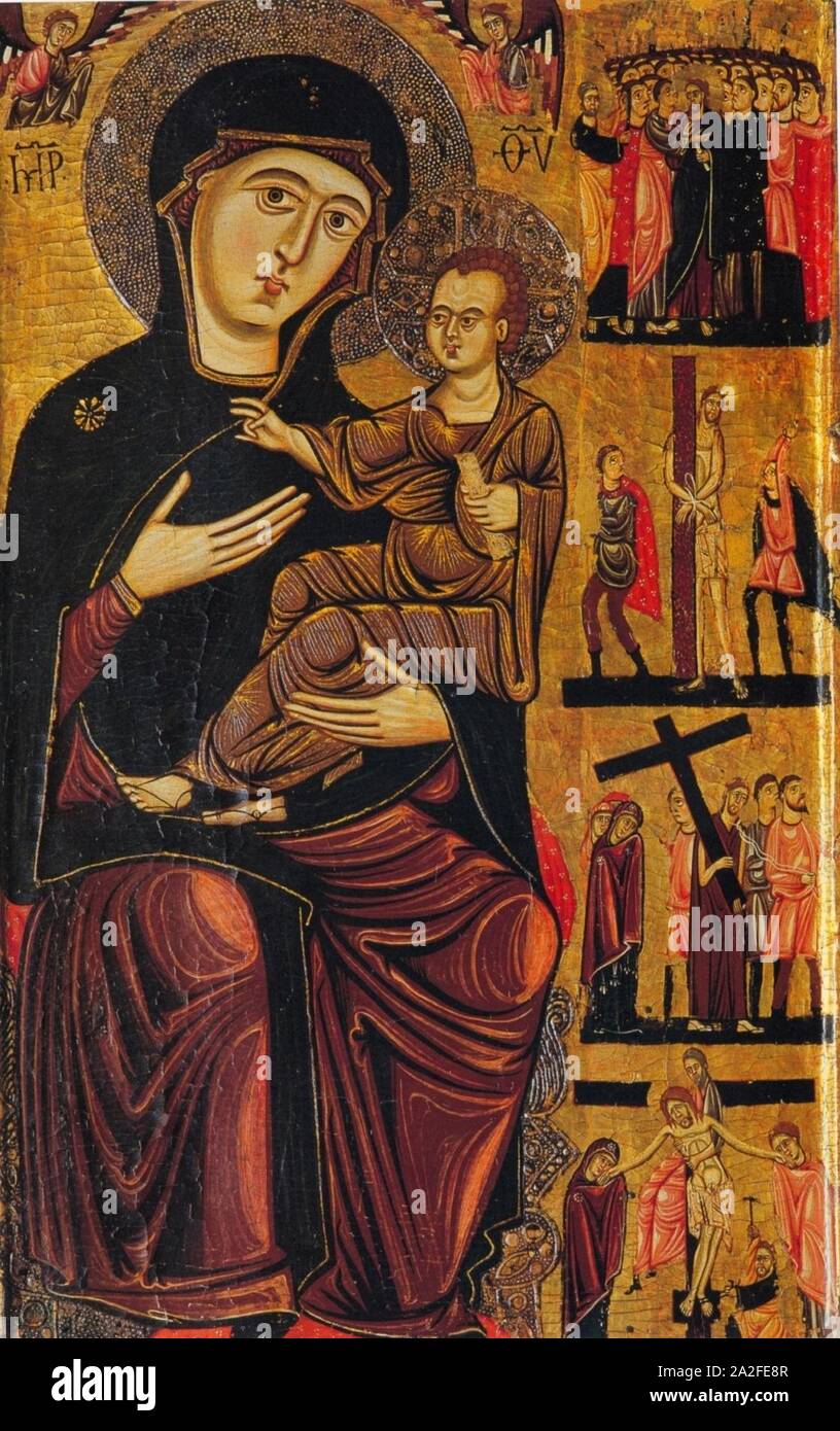 Enrico di Tedice. Madonna col Bambino, due angeli e storie della Passione Stock Photo