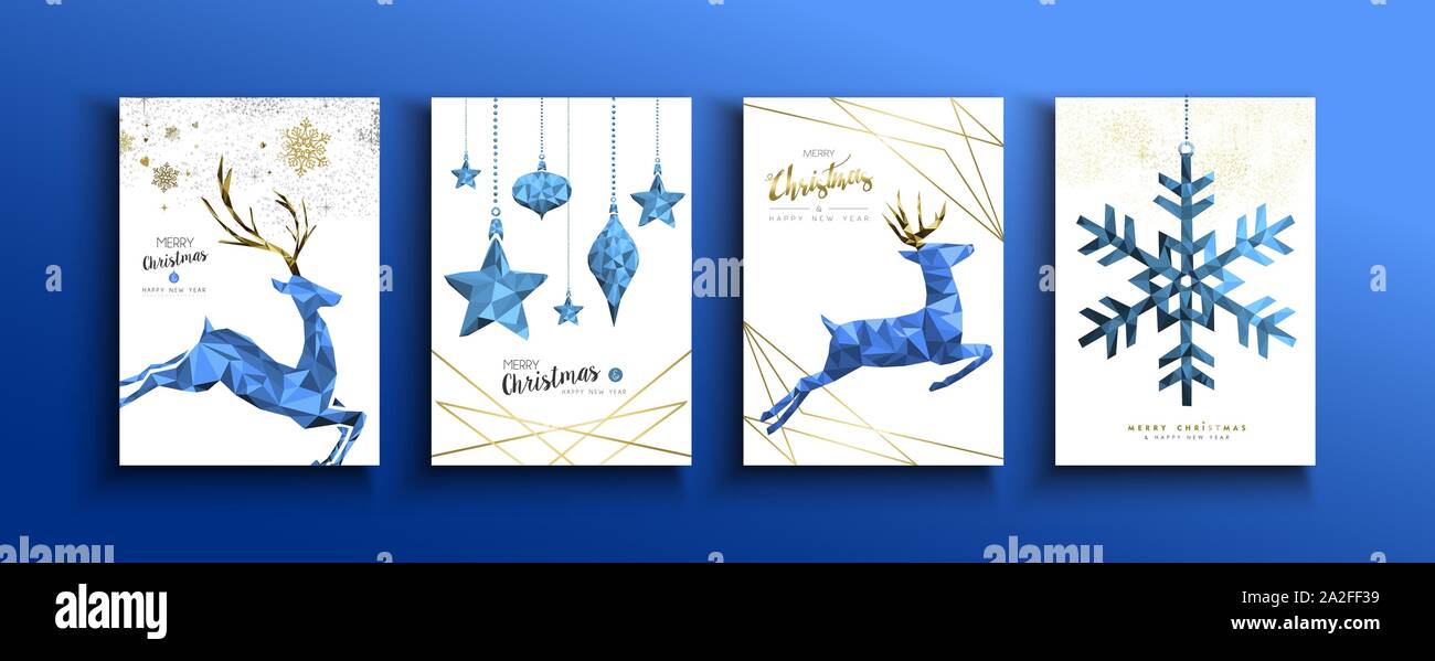 Merry Christmas Happy new year greeting card set of blue deer, pine ...