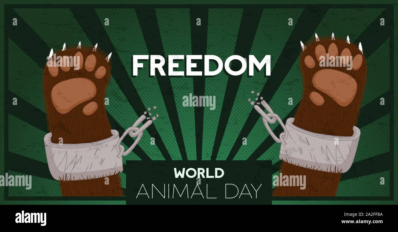 World animal day illustration for help and freedom. Wild bear paws cartoon with broken zoo captivity chains, powerful animals rights message concept. Stock Vector