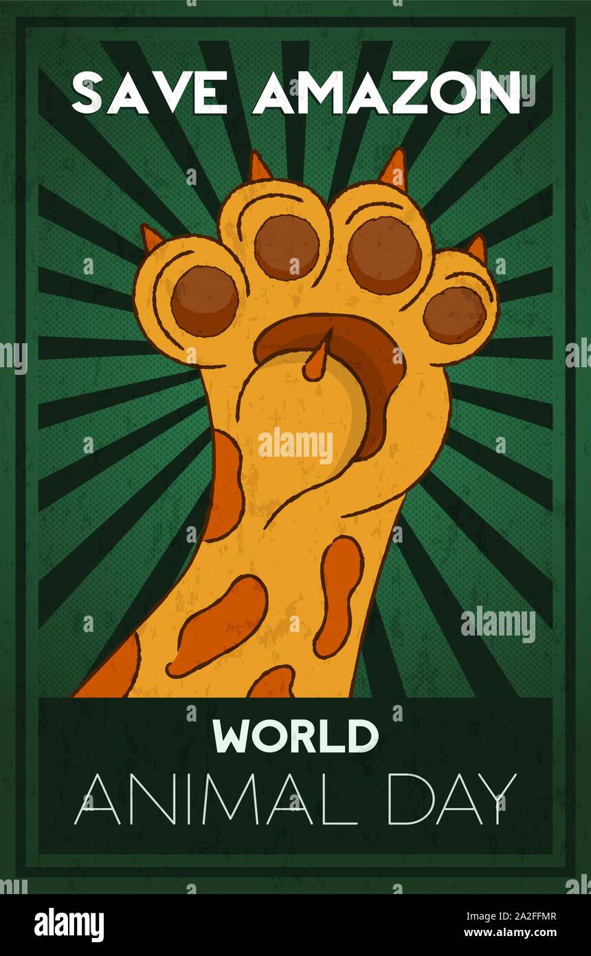 World animal day illustration of wild jaguar cat paw raised up for amazon rainforest animals rights campaign or conservation event. Stock Vector