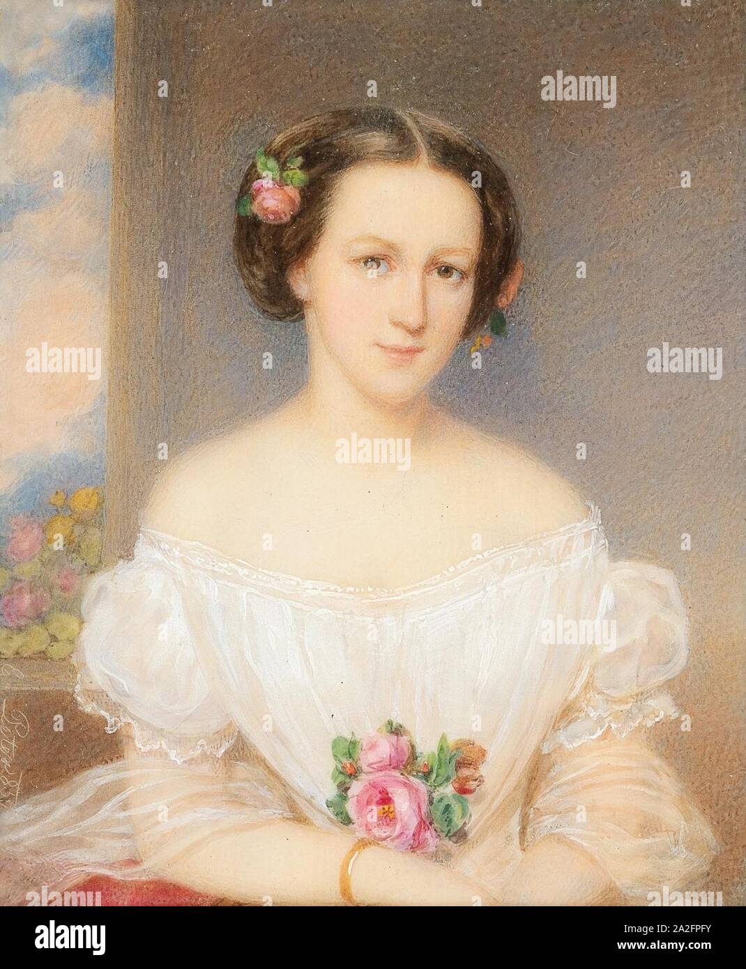 Emanuel Thomas Peter - Bildnis einer jungen Frau in weißem Kleid. Stock Photo