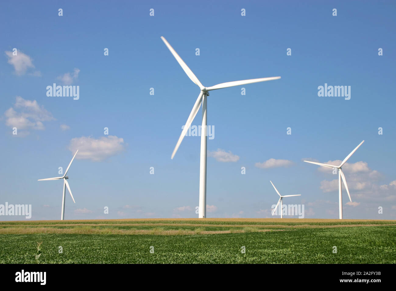 Four wind turbines turn in a Minnesota wind. Stock Photo