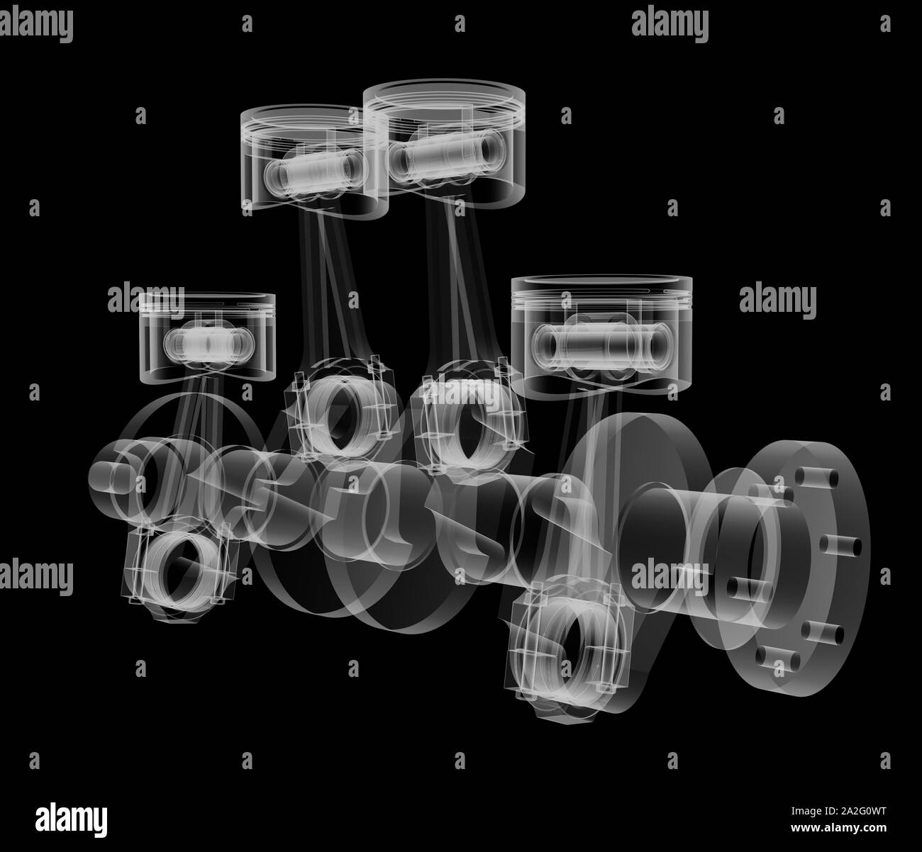 Pistons and crankshaft XRay style. Isolated on black background. 3D