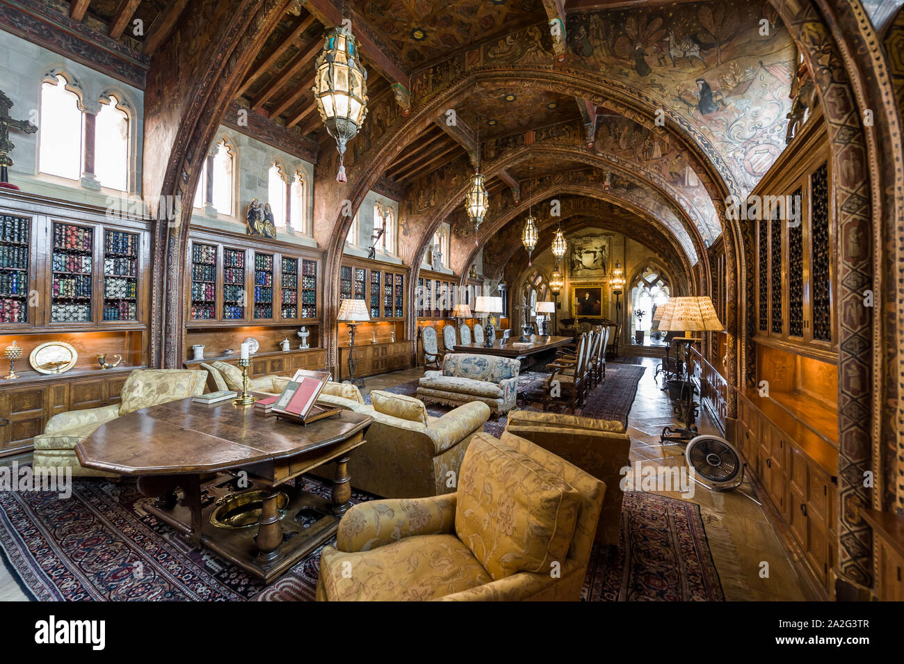 California, USA, 09 Jun 2013: Grand spacious living and dining room at Hearst Castle, which is a National and California Historical Landmark opened fo Stock Photo