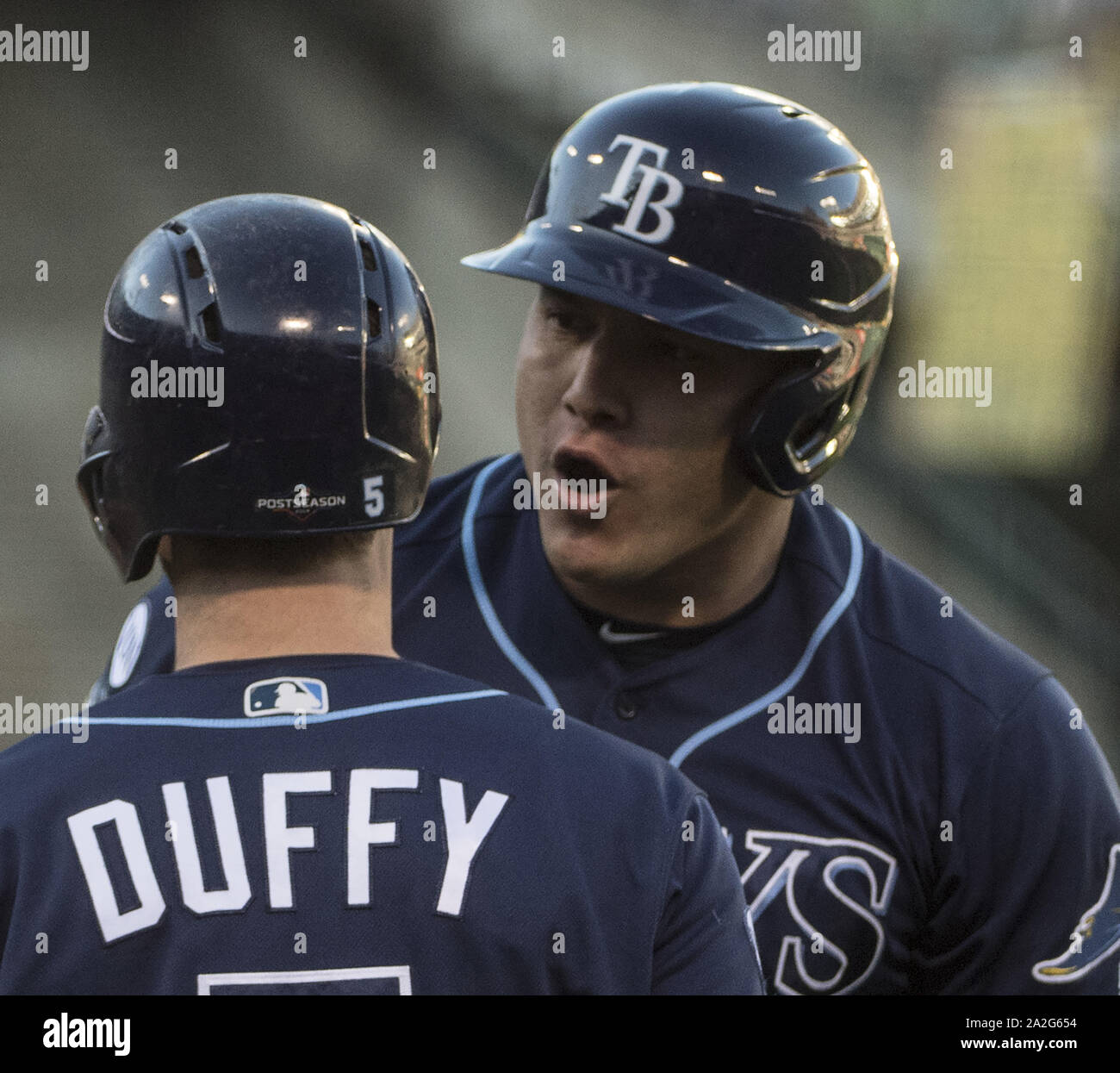 Oakland, United States. 02nd Oct, 2019. Tampa Bay Rays Avisail Garcia celebrates a two run home run off Oakland Athletics starting pitcher Sean Manaea with Tampa Bay Rays Matt Duffy (5) in the second inning of the American League Wild Card game at Alameda County Coliseum in Oakland, California on Wednesday, October 2, 2019. Photo by Terry Schmitt/UPI Credit: UPI/Alamy Live News Stock Photo