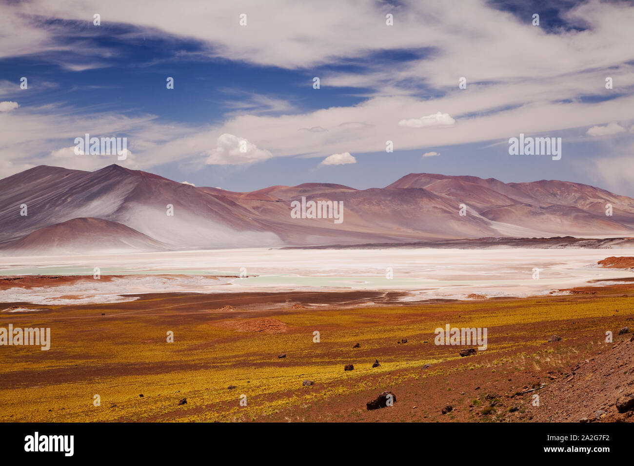 Red Rocks (Piedras Rojas) and lagoon and salt flats in Atacama Desert ...