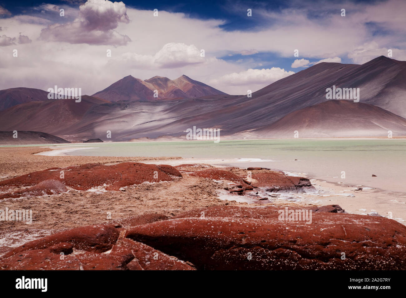 Red Rocks (Piedras Rojas) and lagoon and salt flats in Atacama Desert ...