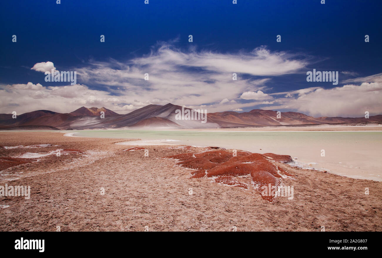 Red Rocks Piedras Rojas and lagoon and salt flats in Atacama