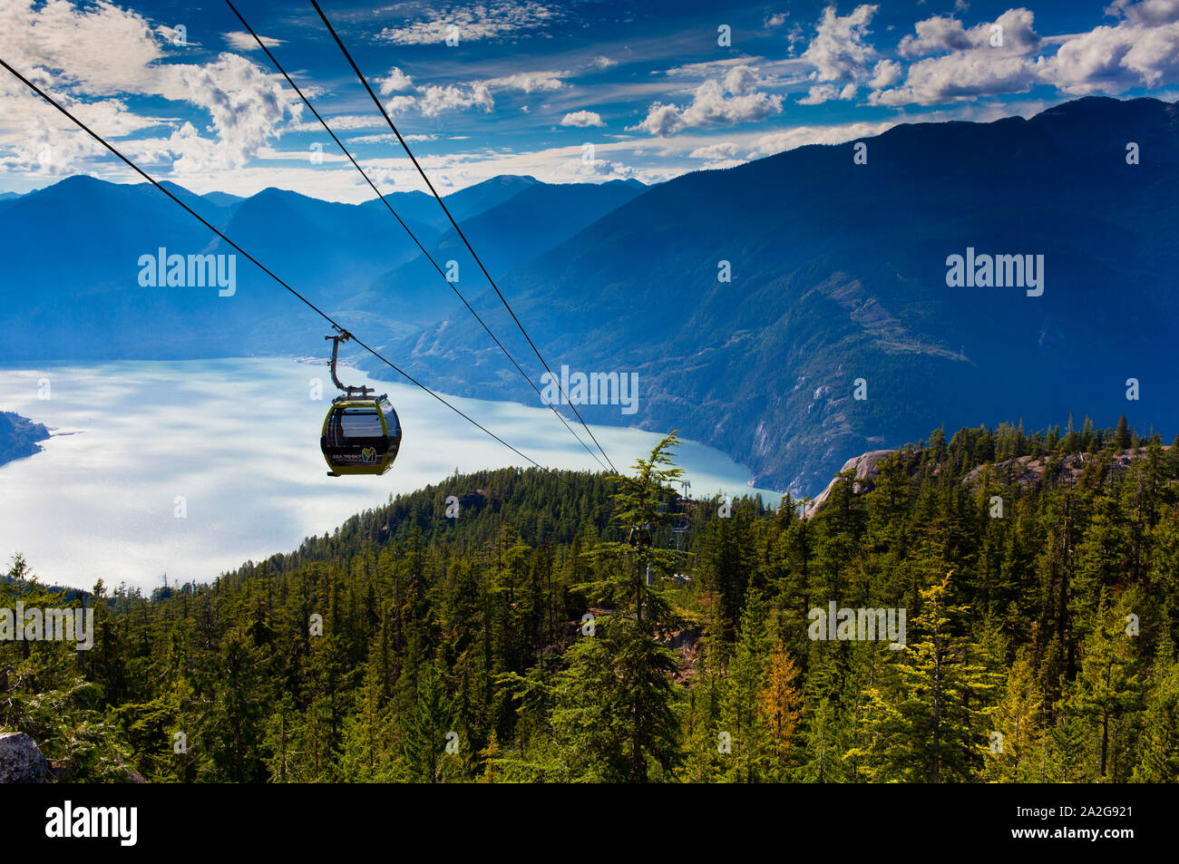 Sea to Sky gondola over Howe Sound, Squamish, BC Stock Photo