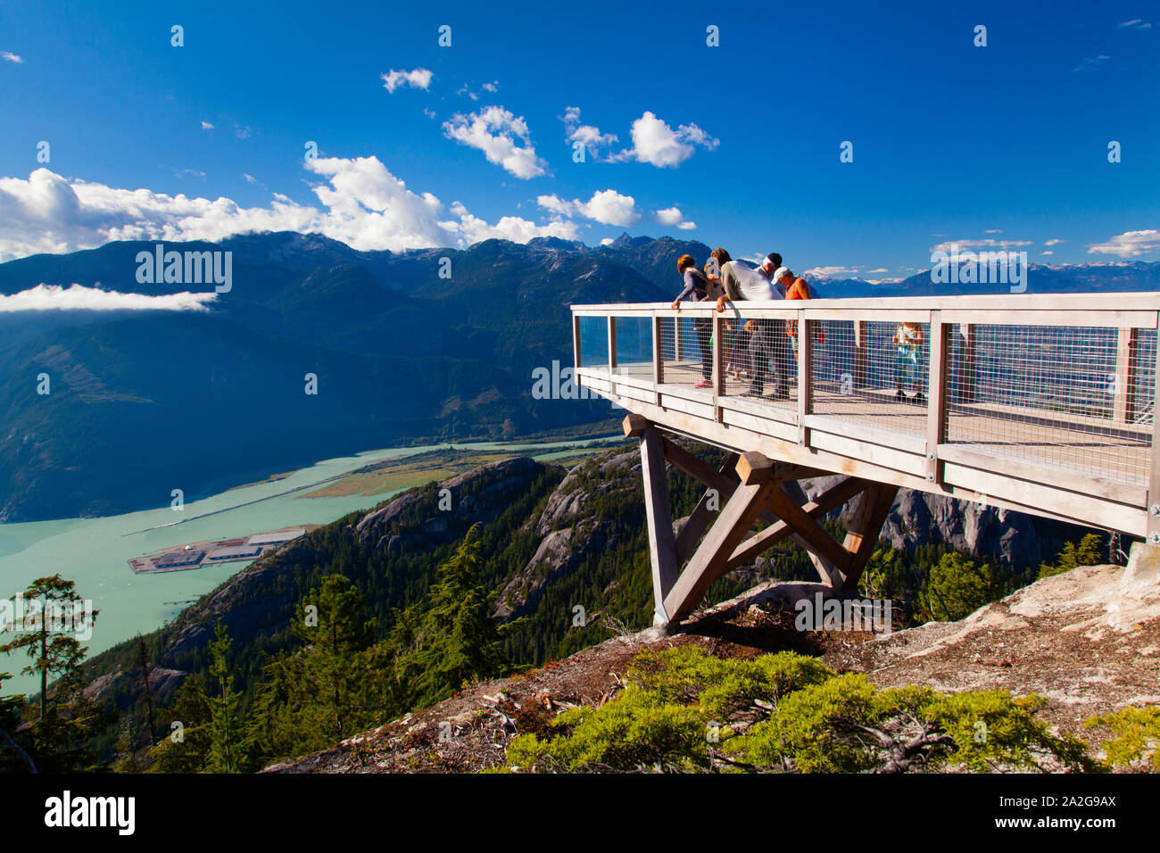 Chief overlook platform with view of the Chief and Howe Sound, Squamish, BC. Stock Photo