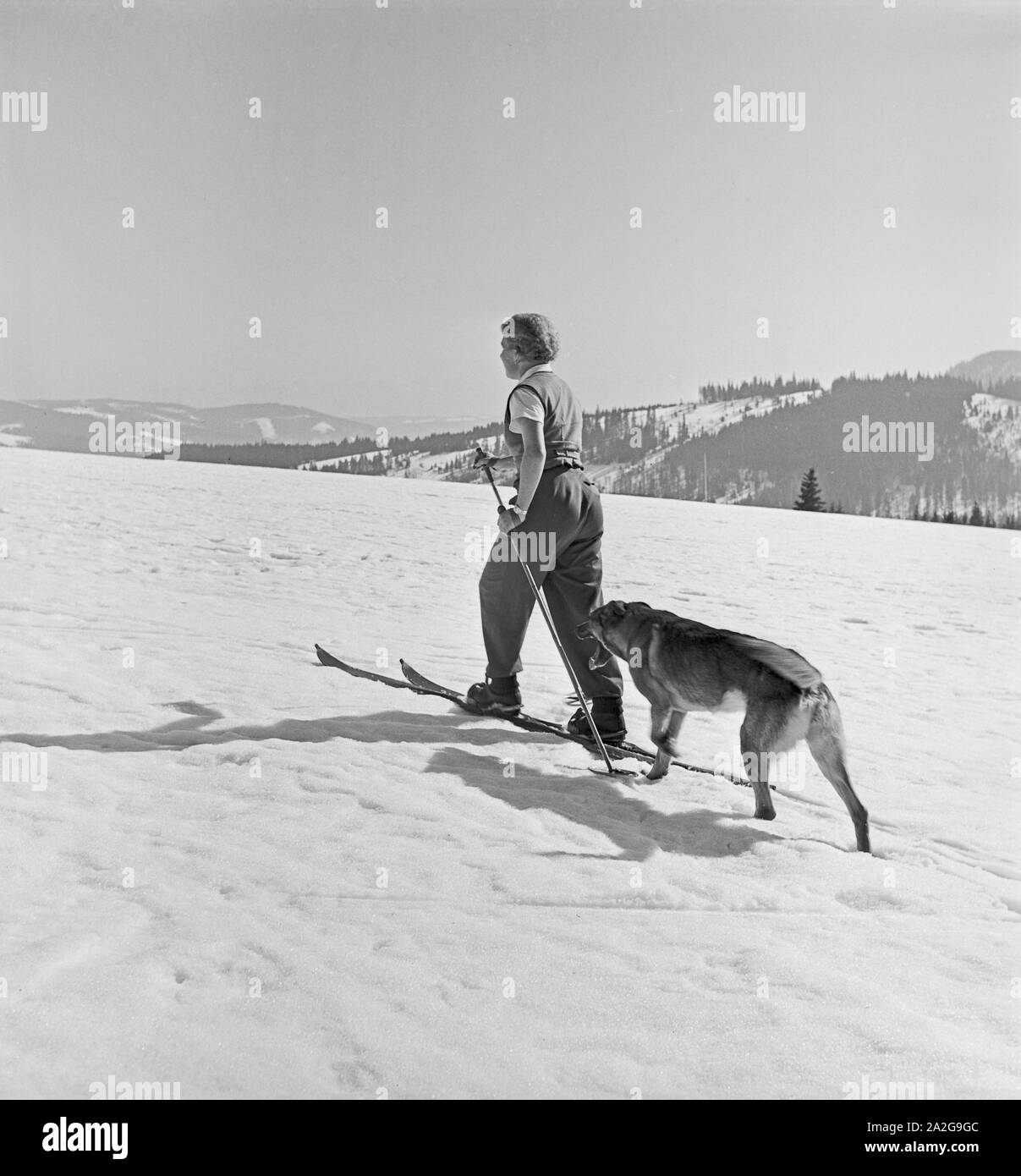 Ein Ausflug in das Skigebiet Reheberg im Erzgebirge, Deutsches Reich 1930er Jahre. An excursion to the ski region Reheberg in the Erz Mountains, Germa Stock Photo