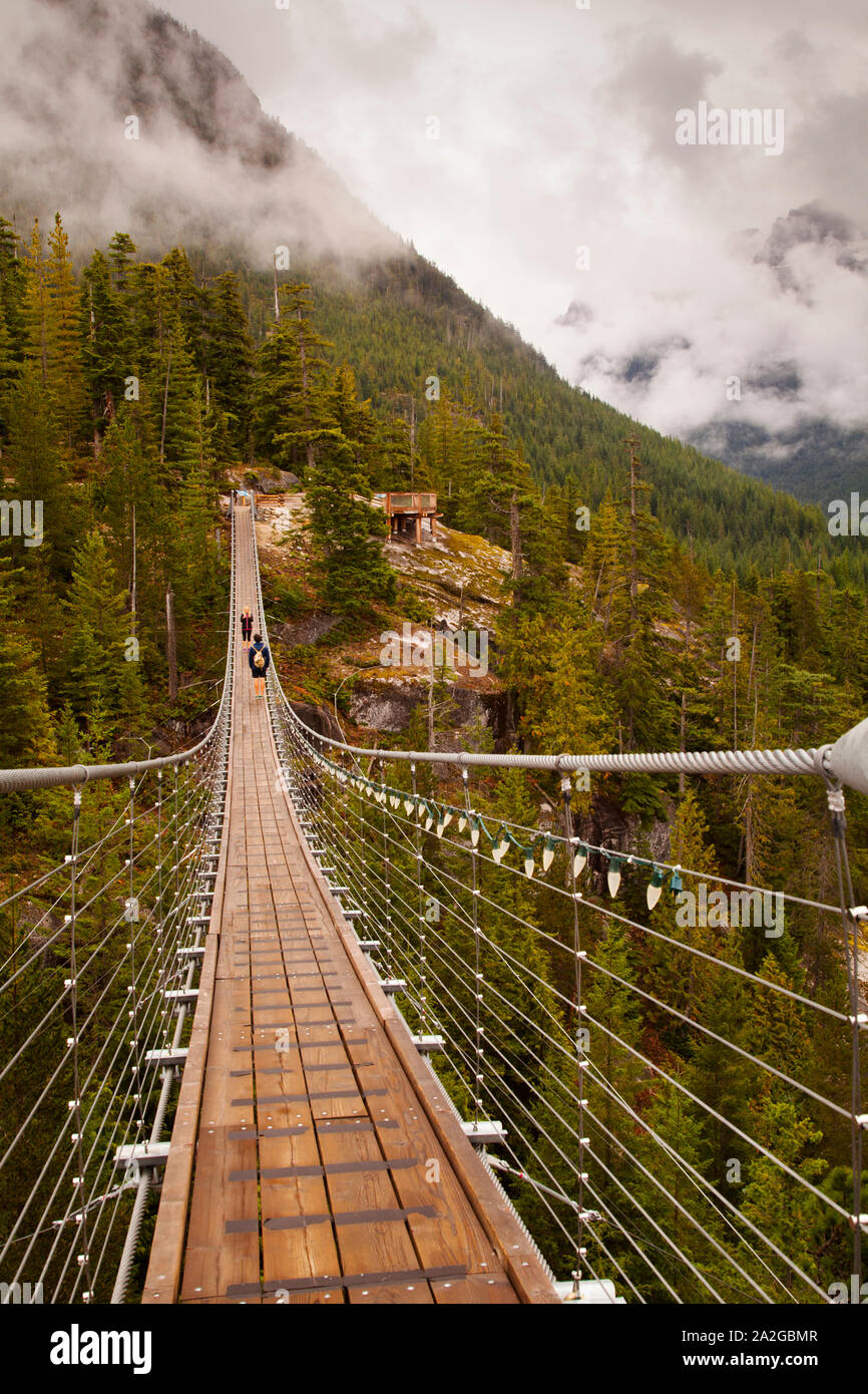 Suspension bridge in the mist at the top of the gondola in Squamish, BC