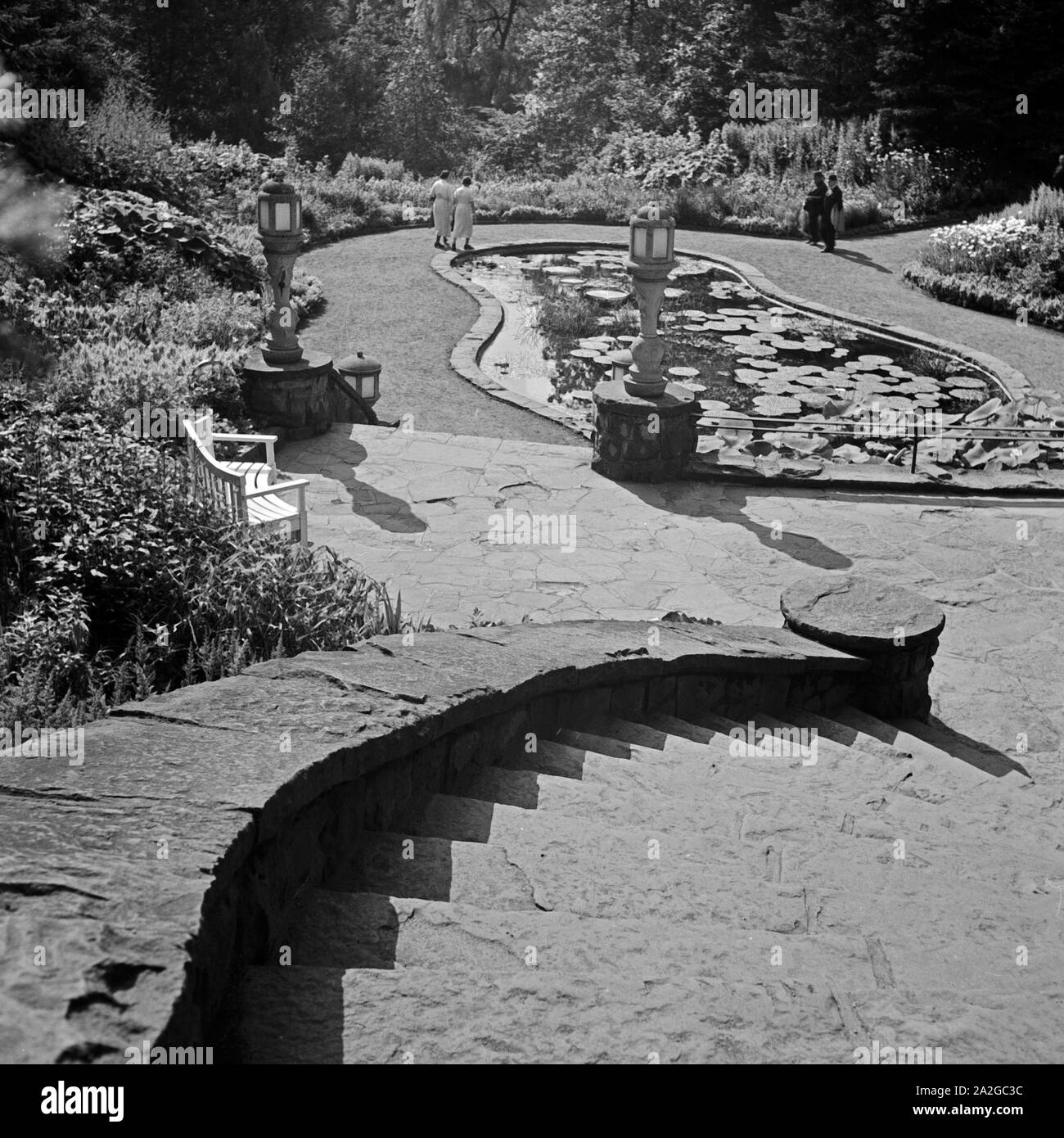 Idylle im Grugapark in Essen, Deutschland 1930er Jahre. Idyll at Grugapark gardens at Essen, Germany 1930s. Stock Photo