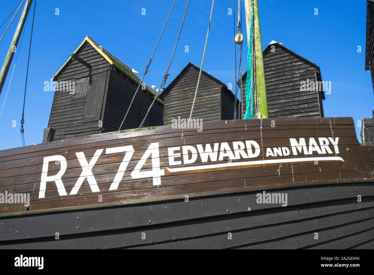 Old Fishing Boat, Edward and Mary, on display on Hastings Old Town Stade, open air Maritime Museum Heritage Quarter, Rock-a-Nore, East Sussex, UK Stock Photo