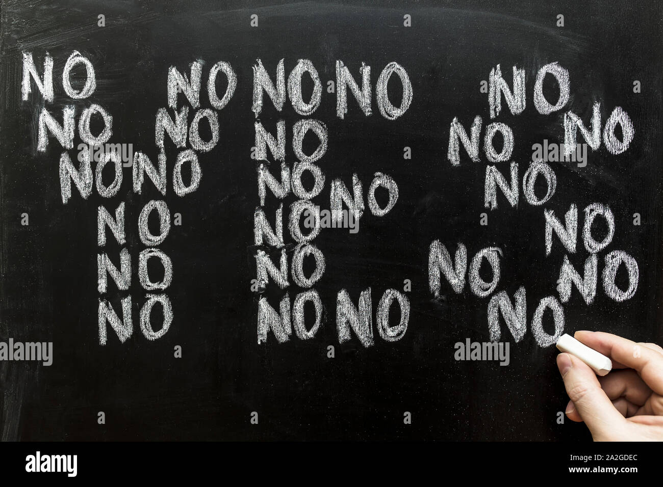The answer 'yes' is written by hand in letters of words 'no', on a school board, showing the hidden meaning and ambiguity of the agreement. Stock Photo