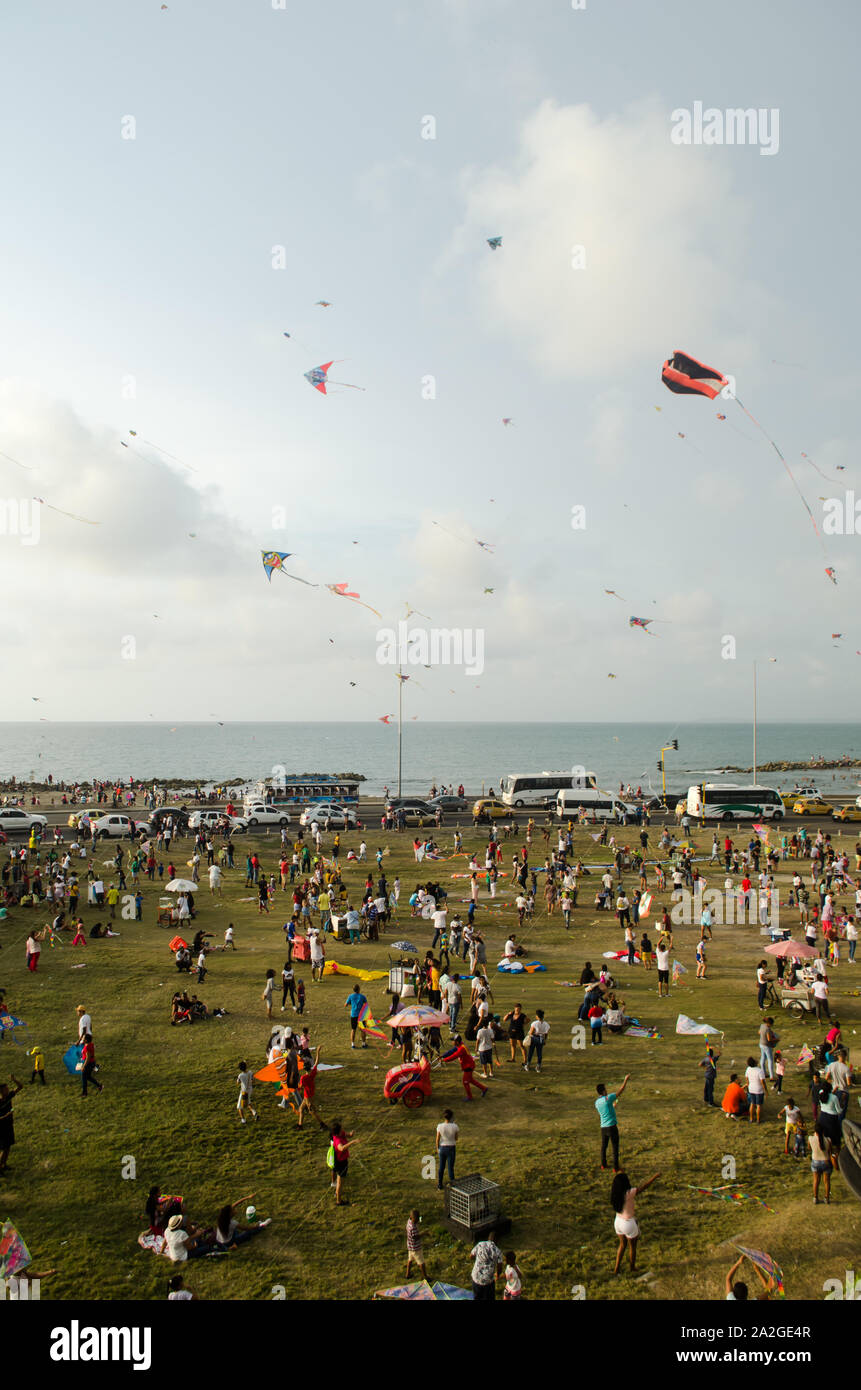 People flying kites in Cartagena de Indias Stock Photo
