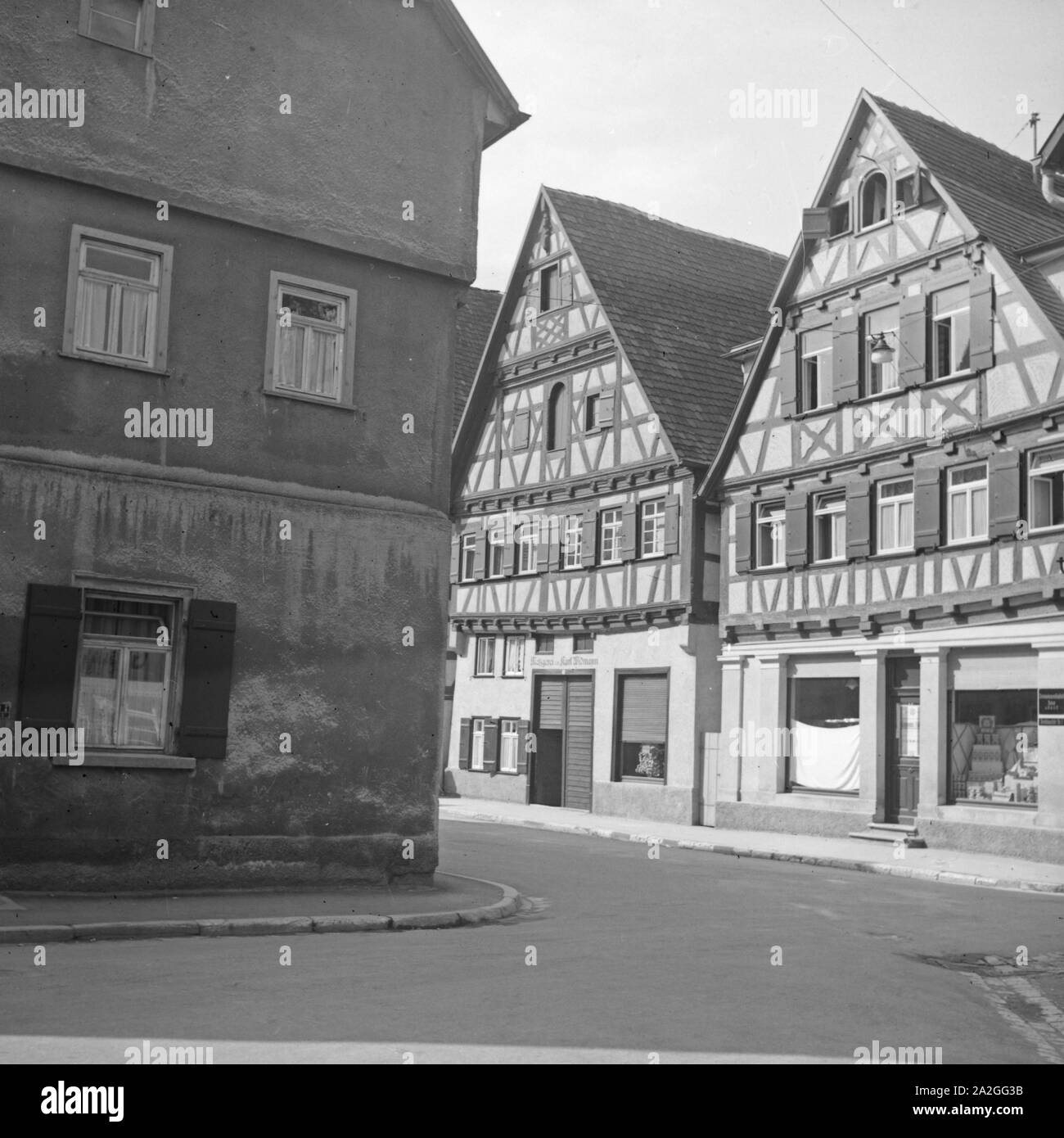 Fachwerkhäuser in Dinkelsbühl, Deutschland 1930er Jahre. Timbered houses at Dinkelsbuehl, Germany 1930s. Stock Photo