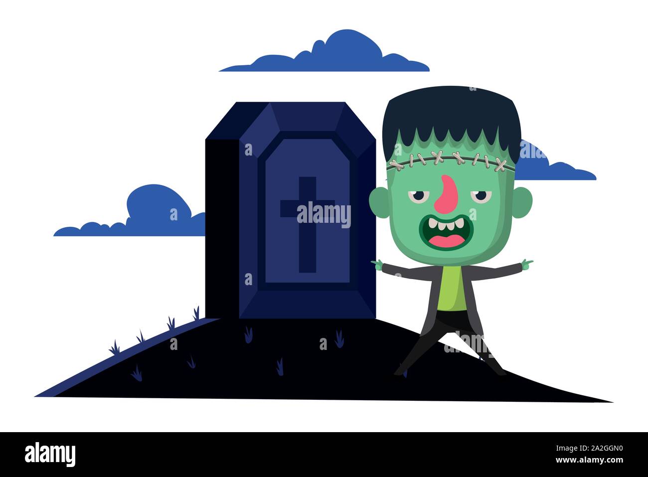 Cute Little Boy With Frankenstein Costume In Cemetery Scene Stock Vector Image Art Alamy
