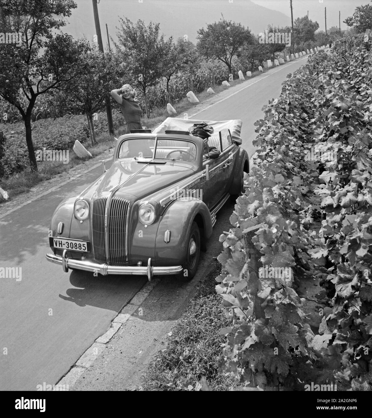 Eine junge Frau posiert vor einem Opel Olympia Cabrio auf einer Straße vor einem Weinberg, Österreich 1930er Jahre. A young woman posing in front of an Opel Olympia convertible on a street in front of a vineyard, Austria 1930s. Stock Photo