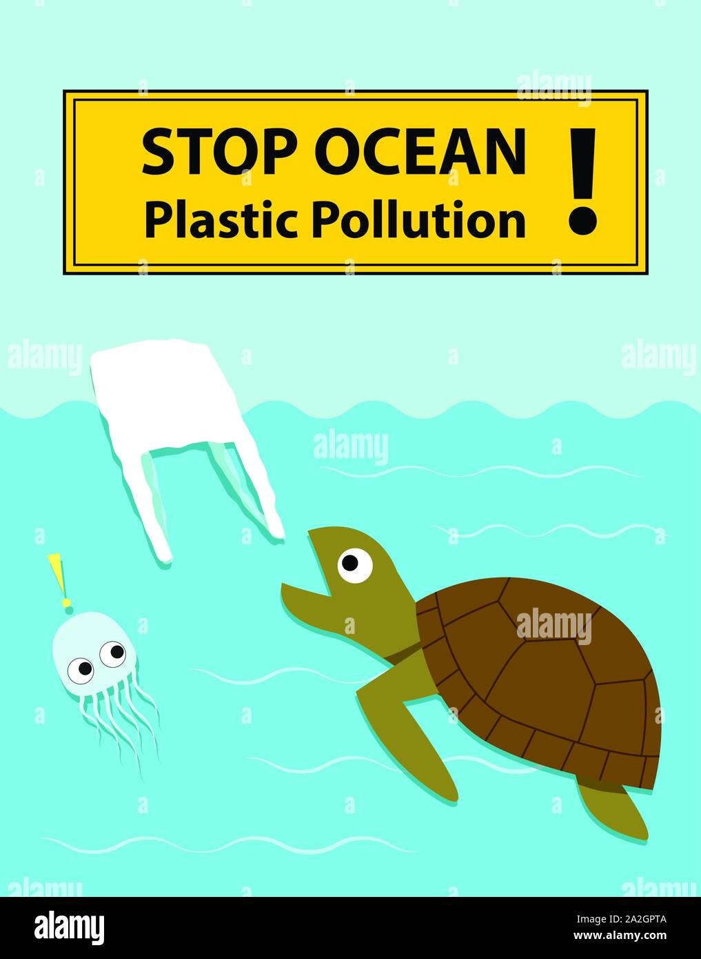 Turtle eating plastic bag that look like jellyfish, vector Stock Vector