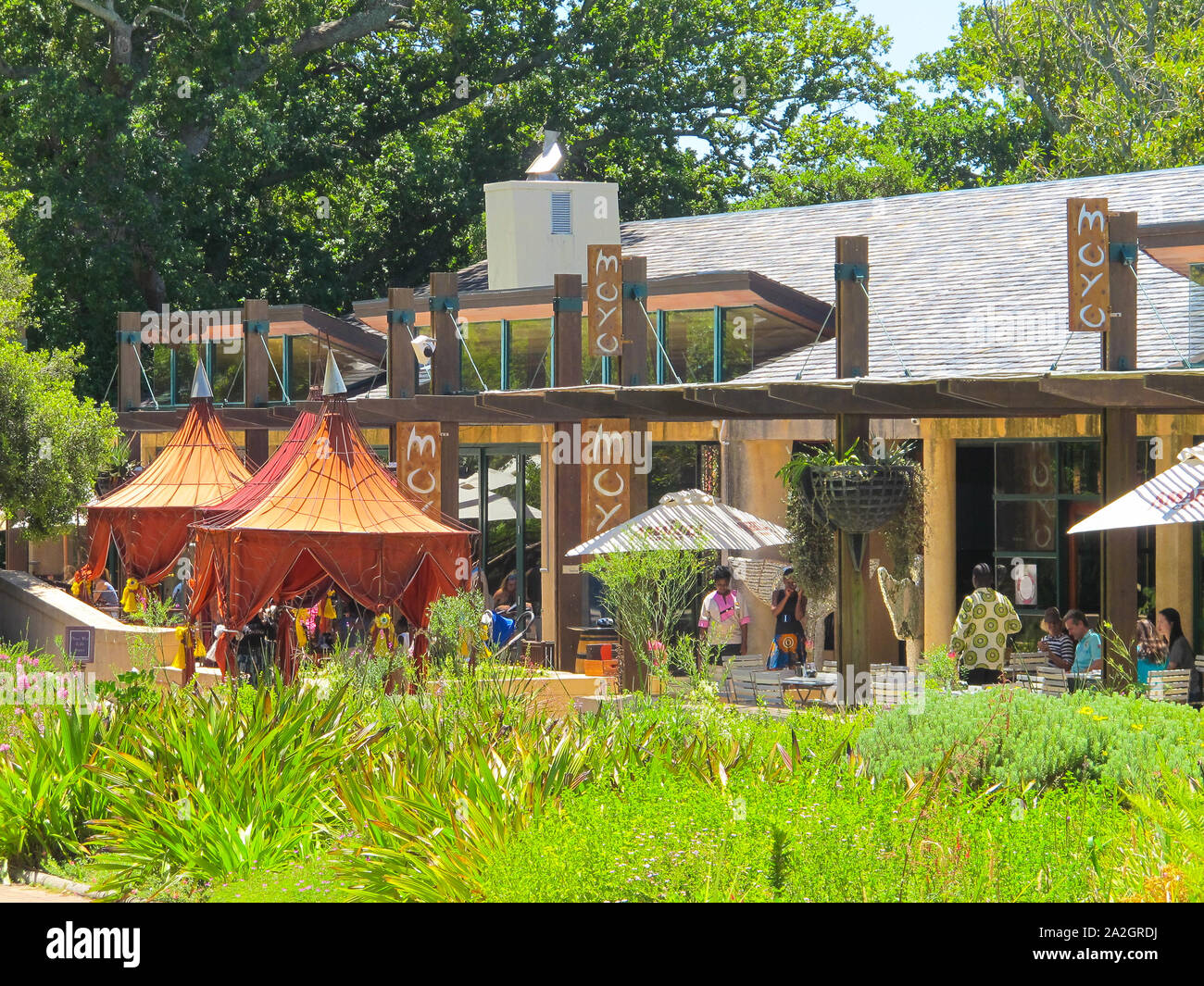 African restaurant,Moyo,Kirstenbosch Botanical Gardens,Cape Town,South Africa in Summer with diners or people seated outside or outdoors having lunch Stock Photo