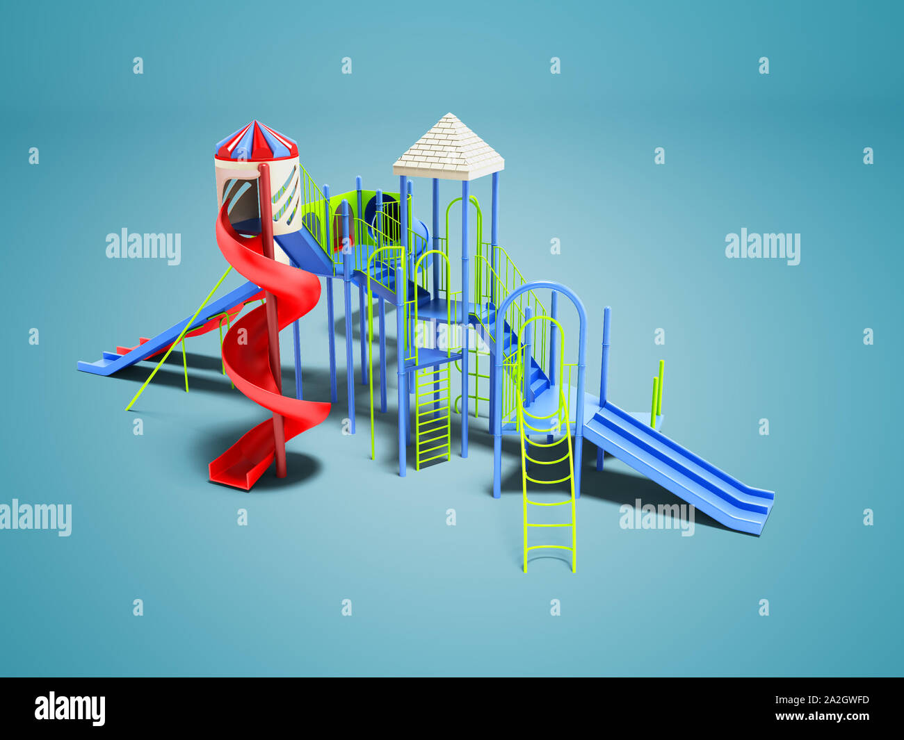 Modern for children water attraction four roller coaster on the beach isolated 3d render on blue background with shadow Stock Photo