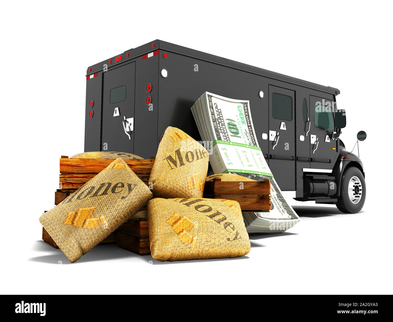 Modern concept of transporting money in bank of black truck with an armored car 3d render on white background with shadow Stock Photo