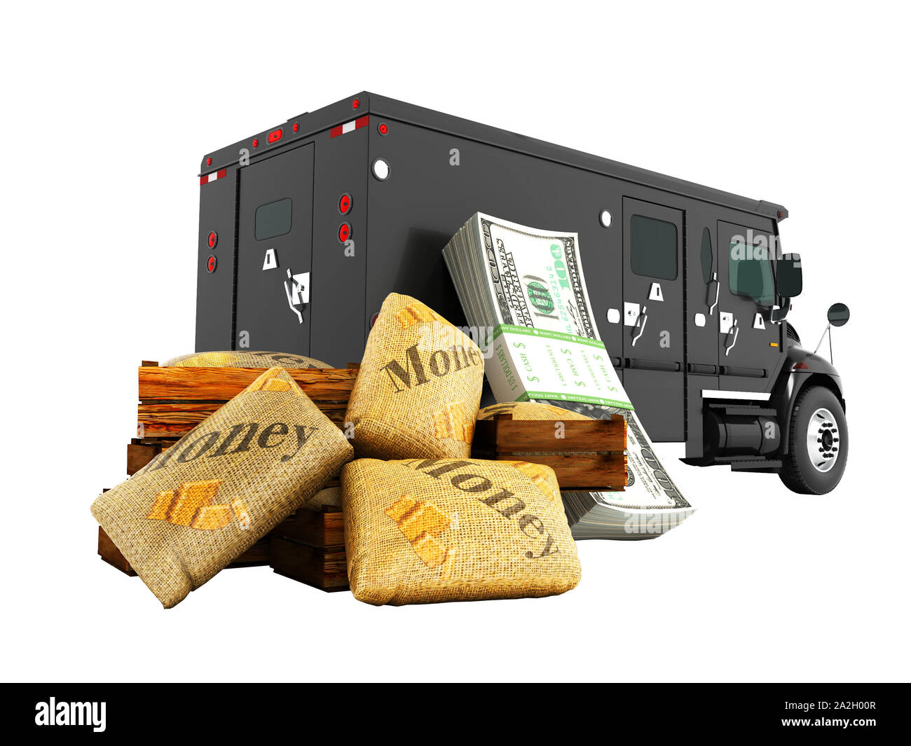 Modern concept of transporting money in bank of black truck with an armored car 3d render on white background no shadow Stock Photo