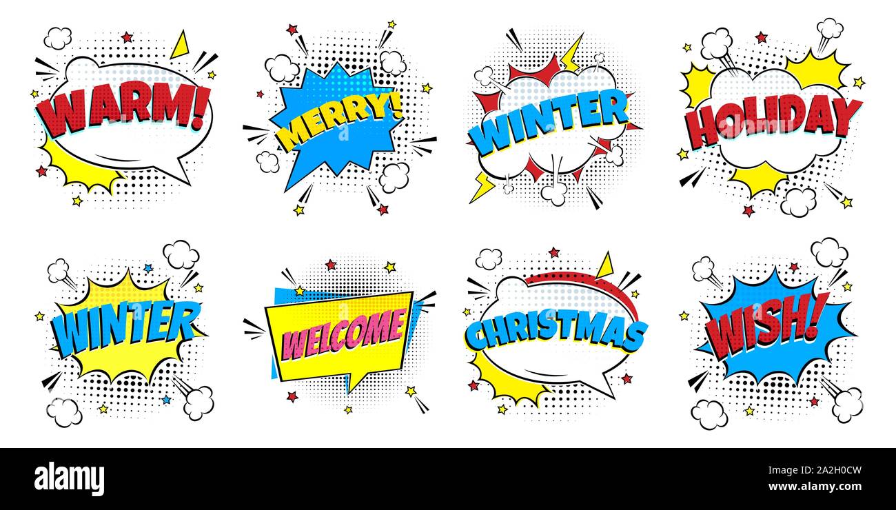 8 Comic Winter Lettering In The Speech Bubbles Comic Style Flat Design. Dynamic Pop Art Vector Illustration Isolated On White Background. Exclamation Stock Vector