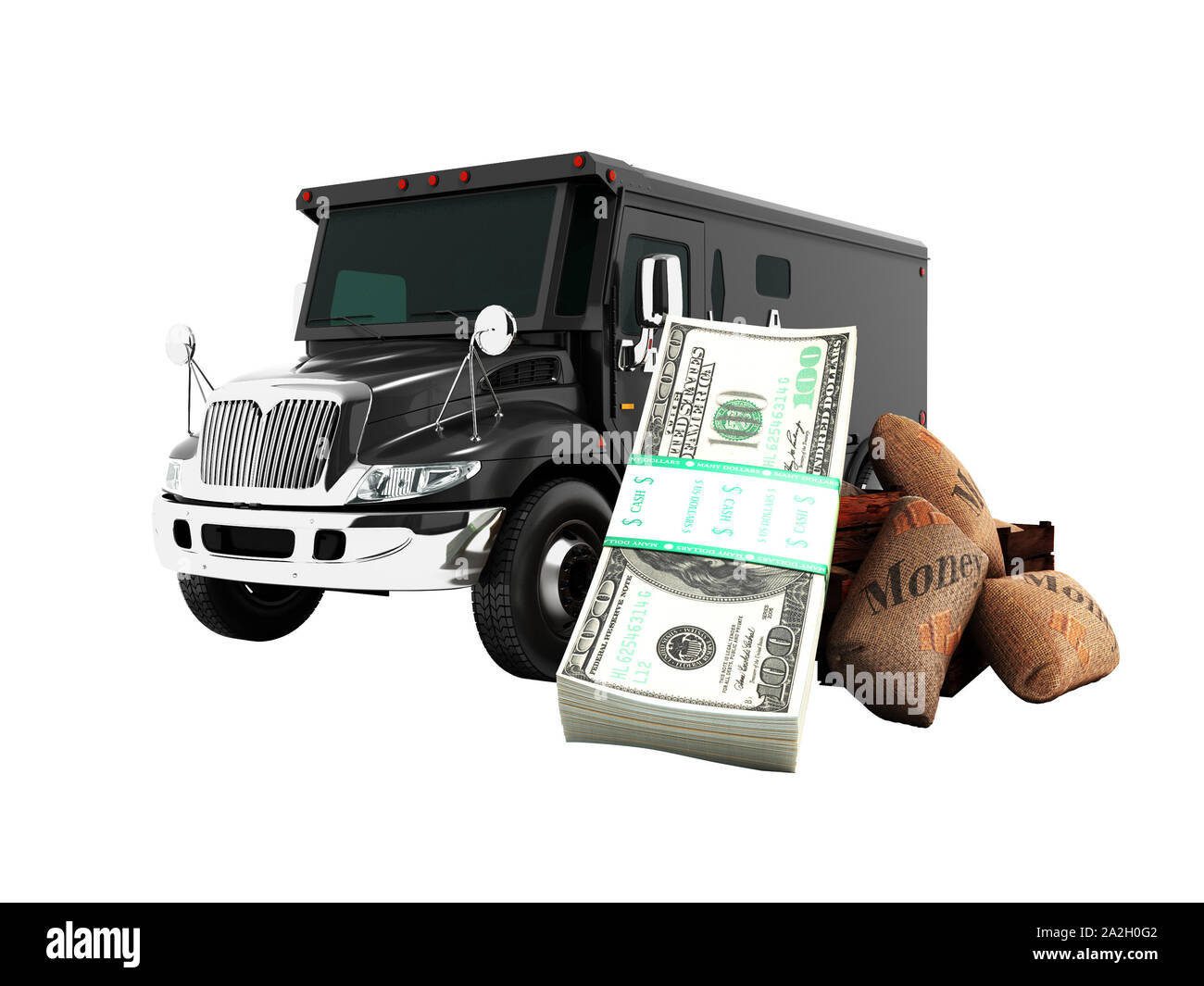 Modern concept of transporting money into a bank of black truck armored car front 3d rendering on white background no shadow Stock Photo