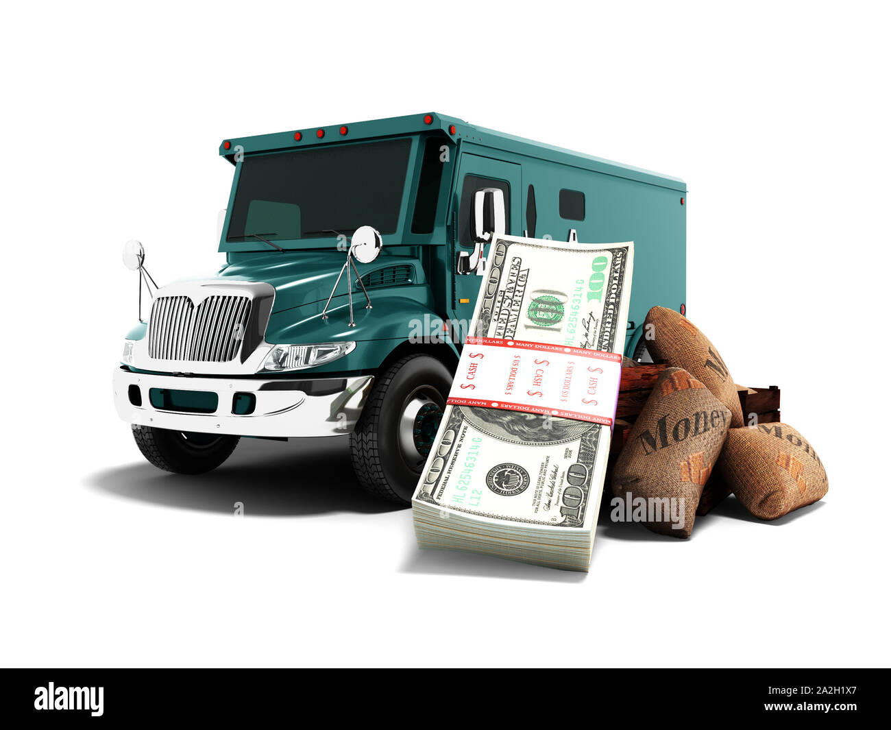Modern concept of carrying money and stack of dollars in a bank of blue truck armored car front 3d render on white background with shadow Stock Photo